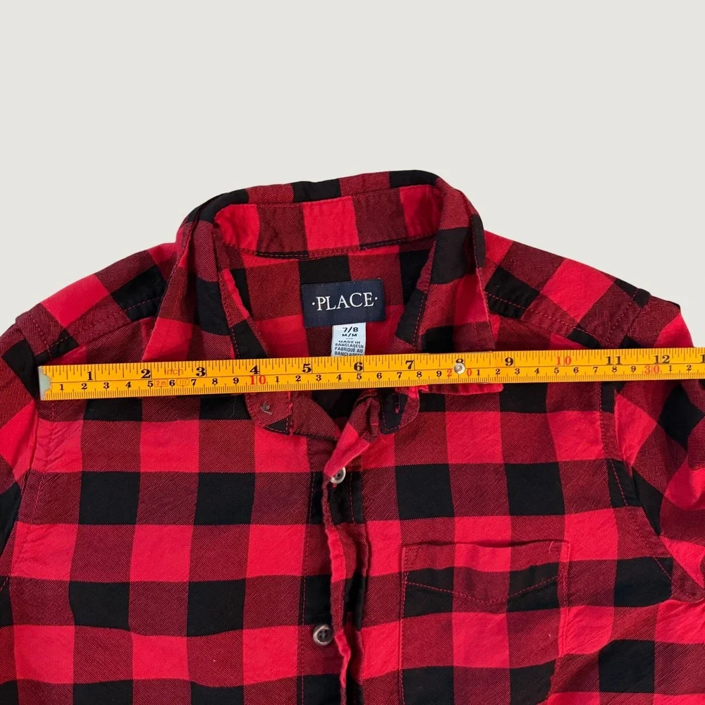 The Childrens Place Boys Buffalo Plaid Flannel Button Down Shirt Red Black 7/8